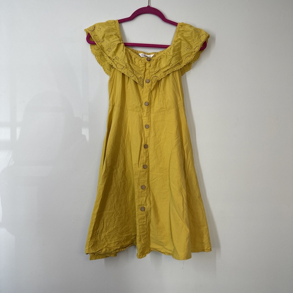 Yellow Off Shoulder Linen Dress Button Front Ruffle Summer Boho Coastal Chic S - Picture 1 of 8
